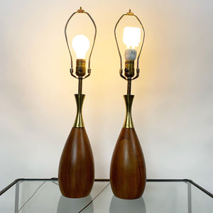 Pair of Mid Century Modern Walnut & Brass Lamps Designed by Tony Paul for Westwood Industries (FREE SHIPPING)
